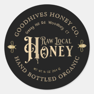 Raw Local Honey Custom Label met Bijen op Zwart