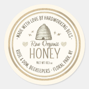 Raw Organic Honey Gold Grunge Skep Bee Hearts Ronde Sticker