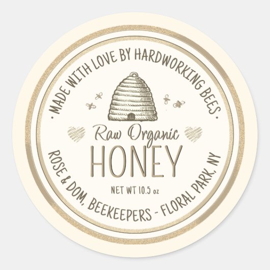 Raw Organic Honey Gold Grunge Skep Bee Hearts Ronde Sticker (Voorkant)