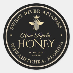 Raw Tupelo Honing Zwart Goud Queen Bee Ronde Sticker