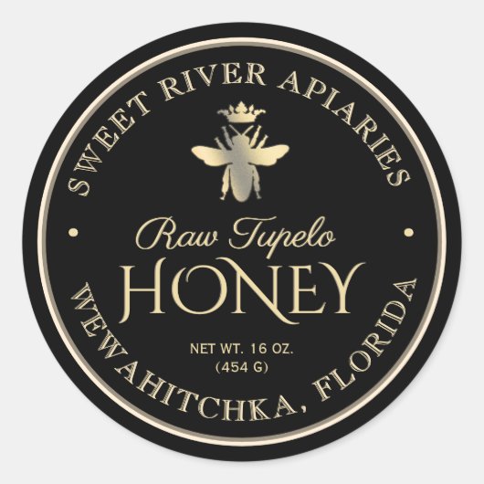 Raw Tupelo Honing Zwart Goud Queen Bee Ronde Sticker (Voorkant)