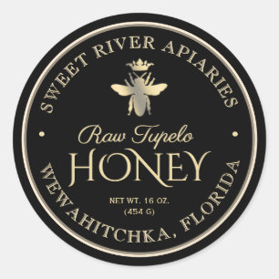 Raw Tupelo Honing Zwart Goud Queen Bee Ronde Sticker