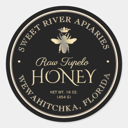 Raw Tupelo Honing Zwart Goud Queen Bee Ronde Sticker (Voorkant)