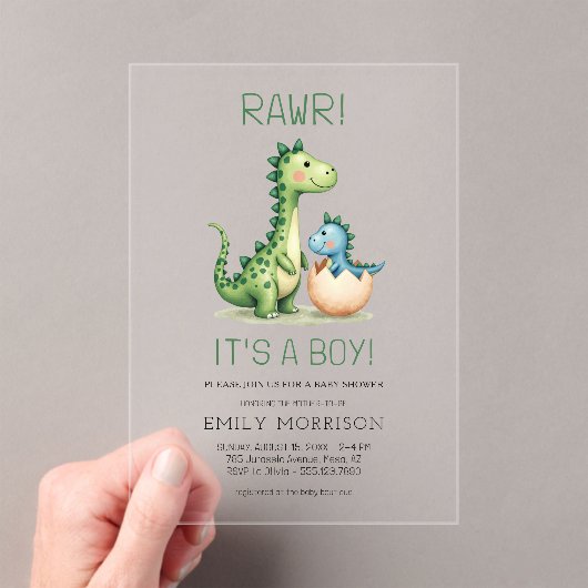 Rawer Het is een Boy Dinosaur Baby Boy Shower Acryl Uitnodigingen (Insitu (Draagbaar))