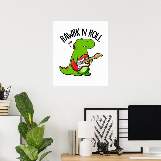 Rawk En Roll Grappige Rocker Dinosaurus Pun Poster (Thuiskantoor)