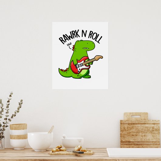 Rawk En Roll Grappige Rocker Dinosaurus Pun Poster (Keuken)