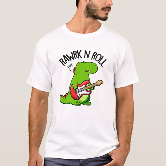 Rawk En Roll Grappige Rocker Dinosaurus Pun T-shirt (Voorkant)