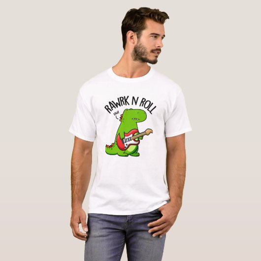 Rawk En Roll Grappige Rocker Dinosaurus Pun T-shirt (Voorkant volledig)