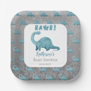 Rawr Blauwgroen Blue Dinosaur Boy Baby shower Papieren Bordje