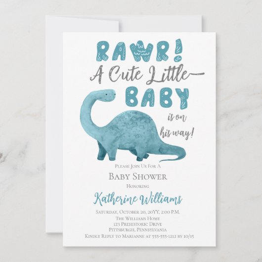 Rawr Blue Dinosaur QR Code Baby shower Uitnodiging (Voorkant)