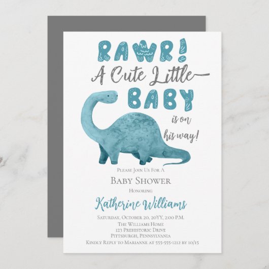 Rawr Blue Dinosaur QR Code Baby shower Uitnodiging (Voorkant / Achterkant)