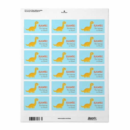 Rawr. Cute Yellow Brachiosaurus dinosaur voor kind Etiket (Full Sheet)