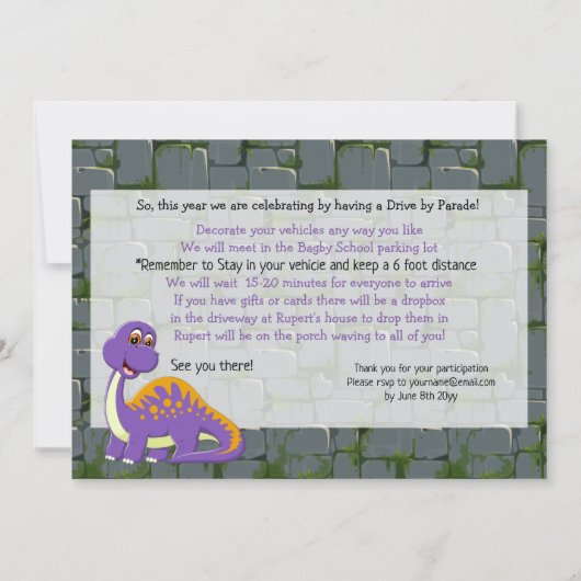 Rawr Dino DriveBy Happy Birthday Parade Uitnodigin Kaart (Achterkant)