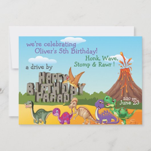 Rawr Dino DriveBy Happy Birthday Parade Uitnodigin Kaart (Voorkant)