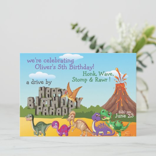 Rawr Dino DriveBy Happy Birthday Parade Uitnodigin Kaart (Staand voorkant)