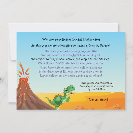 Rawr Dino DriveBy Happy Birthday Parade Uitnodigin Kaart (Achterkant)