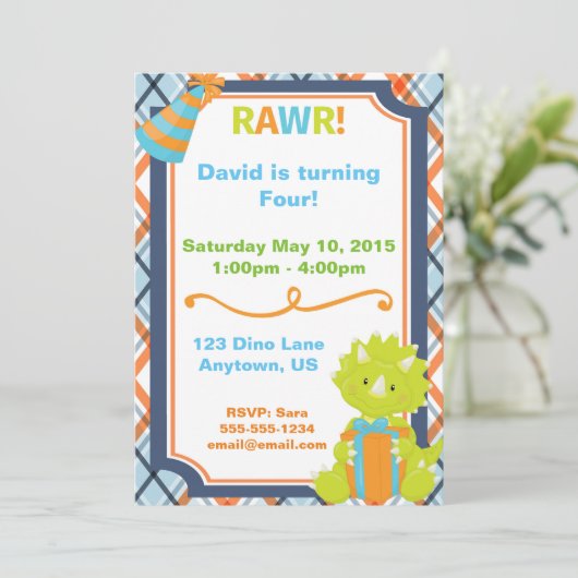 RAWR! Dino Party Birthday Invitation Kaart (Staand voorkant)