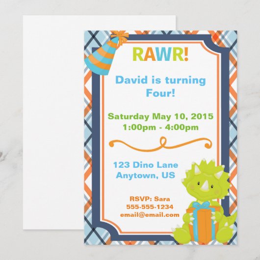 RAWR! Dino Party Birthday Invitation Kaart (Voorkant / Achterkant)