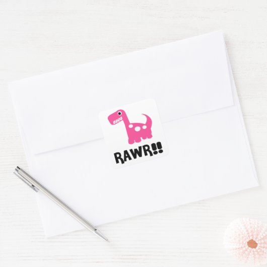 Rawr Dino Roze Vierkante Sticker (Envelop)