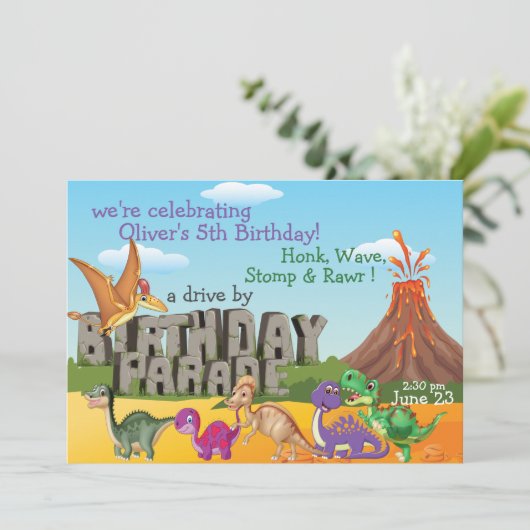 Rawr DinoDrive by Happy Birthday Parade Uitnodigin Kaart (Staand voorkant)