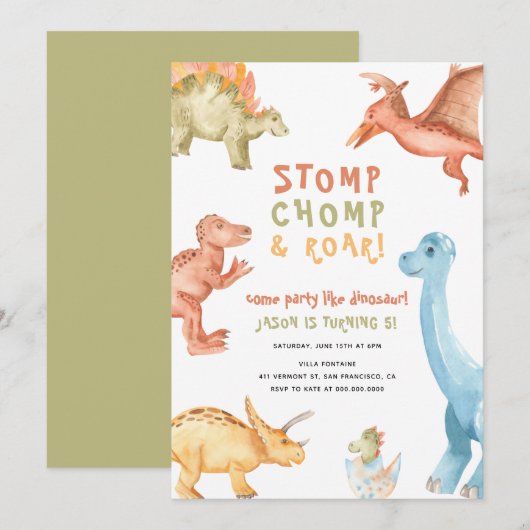 Rawr Dinosaur any Age Dino Boy Birthday Party  Kaart (Voorkant / Achterkant)