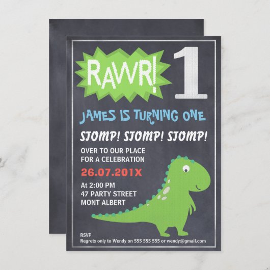 Rawr Dinosaurus Chalkboard 1e Verjaardag Uitnodigi Kaart (Voorkant / Achterkant)