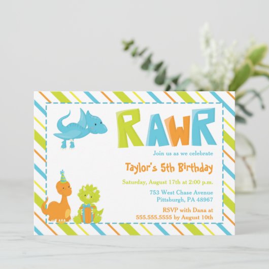 RAWR Dinosaurus Verjaardagsfeest Uitnodiging (Staand voorkant)