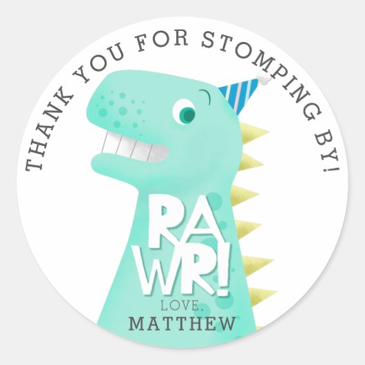 RAWR Dinosaurus Verjaardagsfeestje Dank je wel Fav Ronde Sticker (Voorkant)