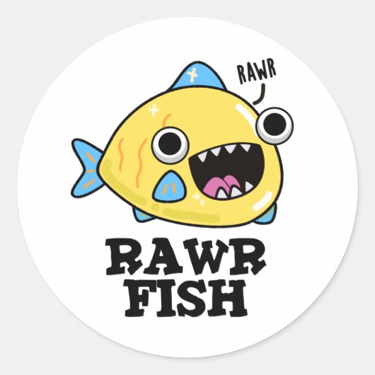 Rawr Fish Funny Animal Pun Ronde Sticker (Voorkant)