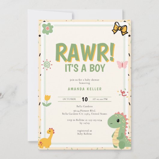 RAWR! Het is een jongen - Schattige dinosaurus Bab Kaart (Voorkant)