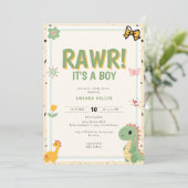 RAWR! Het is een jongen - Schattige dinosaurus Bab Kaart (Staand voorkant)