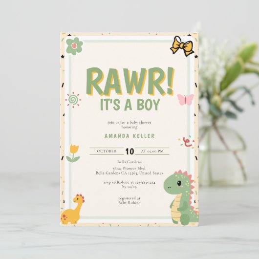 RAWR! Het is een jongen - Schattige dinosaurus Bab Kaart (Staand voorkant)