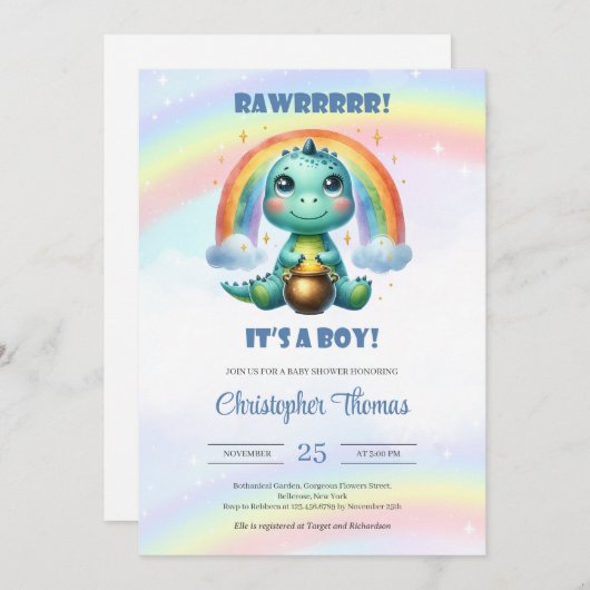 Rawr het is een jongen waterverf dinosaurus met re kaart (Voorkant / Achterkant)