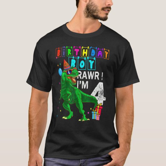 Rawr Ik ben 4 4e verjaardag Rex Dinosaurus Party V T-shirt (Voorkant)