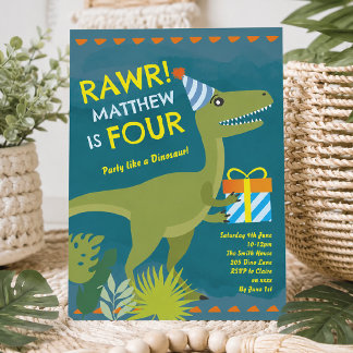 Rawr ik ben vier Dinosaur Boy verjaardagsuitnodigi Kaart