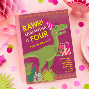 Rawr Ik ben vier Dinosaur Girl Verjaardagsuitnodig Kaart