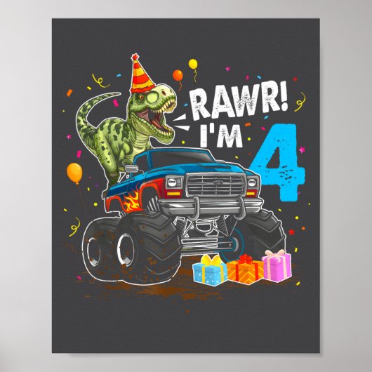 Rawr I'm 4 4th Birthday T Rex Dinosaur Funny Party Poster (Voorkant)