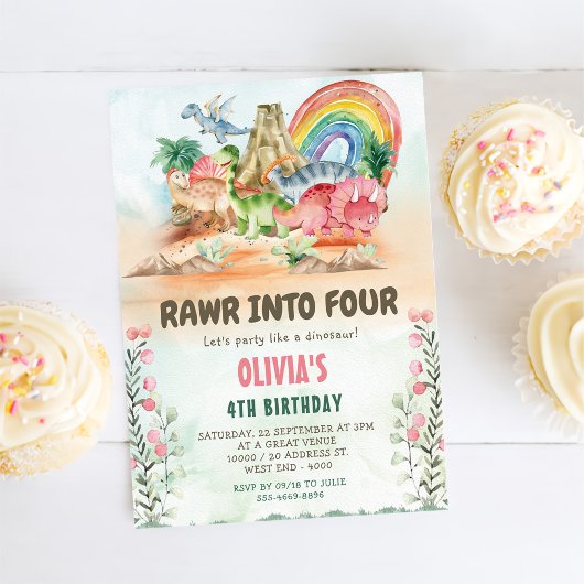 Rawr In Vier Dinosaurus 4e Verjaardagsfeest Kaart