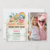Rawr In Vier Dinosaurus 4e Verjaardagsfeestfoto Kaart (Voorkant)
