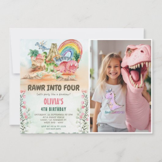 Rawr In Vier Dinosaurus 4e Verjaardagsfeestfoto Kaart (Voorkant)