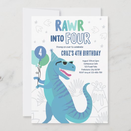 Rawr in vier T-Rex dinosaurus 4e verjaardag Kaart (Voorkant)