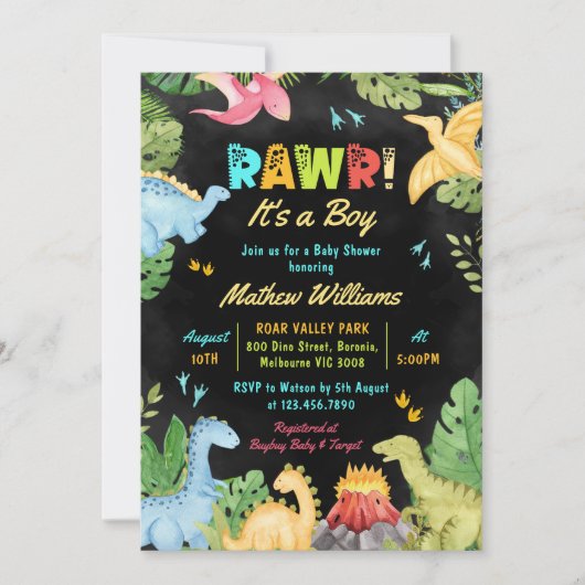 Rawr is een jongensdinosaurus Baby shower Kaart (Voorkant)