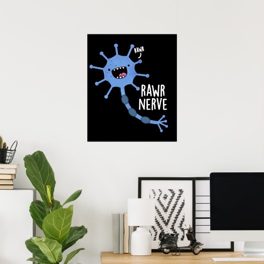 Rawr Nerve Funny Neuron Nerve Pun Dark BG Poster (Thuiskantoor)