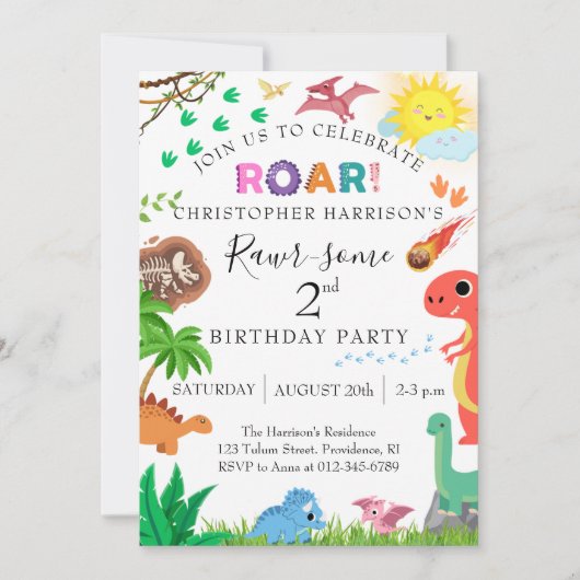 Rawr-some Dinosaur 2de Verjaardagsfeestje Kaart (Voorkant)