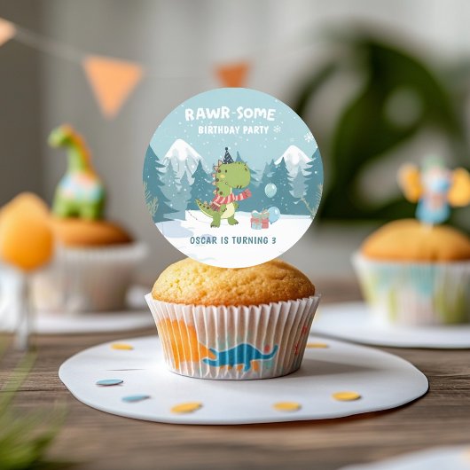 RAWR-Some Dinosaur Winter Birthday Ronde Sticker