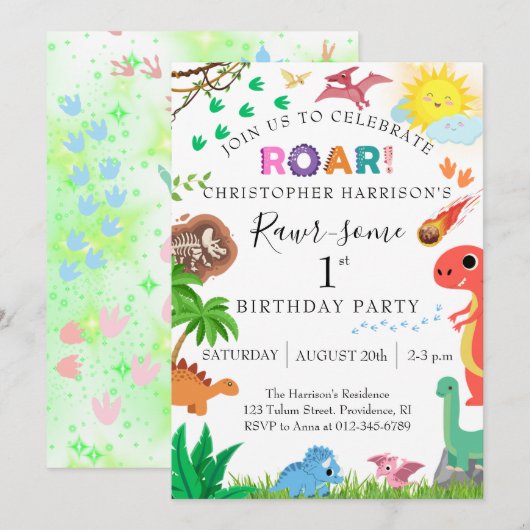 Rawr-some Dinosaurus 1e Verjaardagsfeestje Kaart (Voorkant / Achterkant)