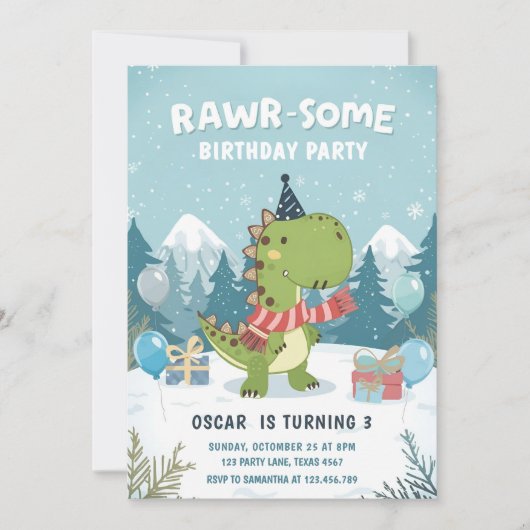RAWR-Some Winter Dinosaur T-Rex Snow Party Kaart (Voorkant)