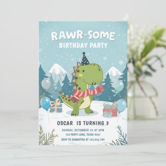 RAWR-Some Winter Dinosaur T-Rex Snow Party Kaart (Staand voorkant)