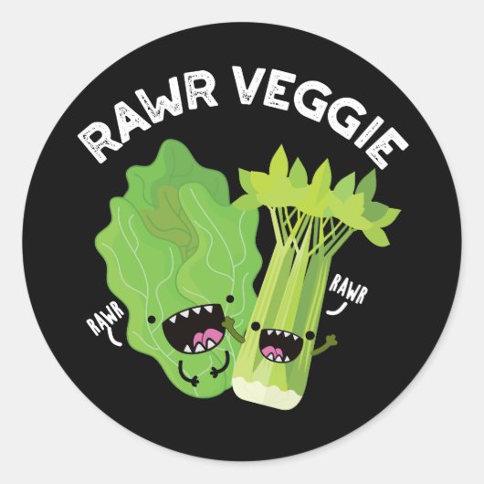 Rawr Veggie Funny Food Pun Dark BG Ronde Sticker (Voorkant)