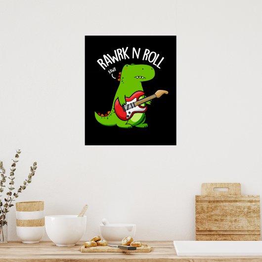 Rawrk en Roll Funny Rocker Dinosaur Pun Dark BG Poster (Keuken)